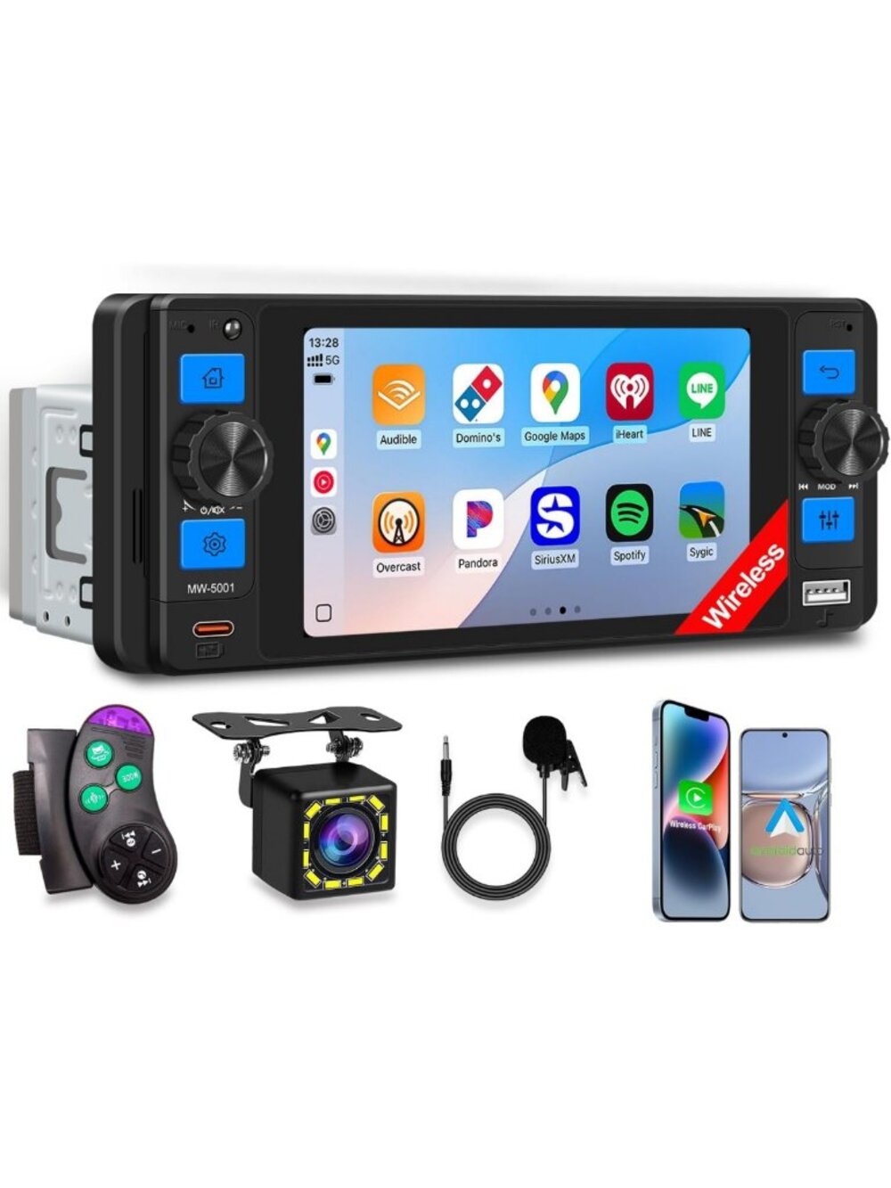 Wireless Apple CarPlay Single Din Car Stereo - 5" Touchscreen Radio for Cars
